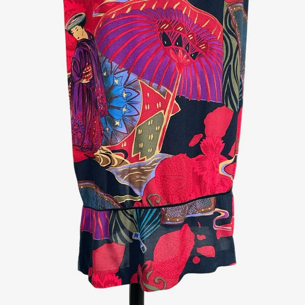 Vintage 90s Clio Red geisha graphic printed ruffle hem midi skirt eclectic XS/S
